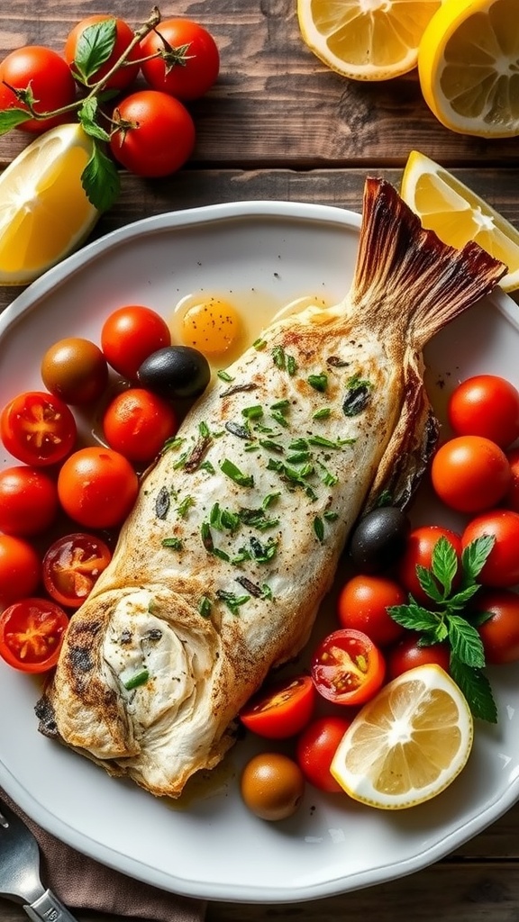 Baked sea bass fillet with cherry tomatoes and olives on a plate, garnished with herbs, with lemon wedges.